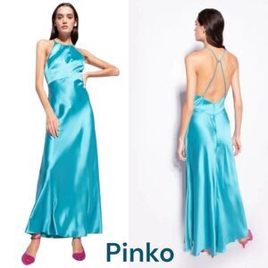 Anthropology Pinko Turquoise Blue High Neck Satin Slip Dress Medium It42/Us6